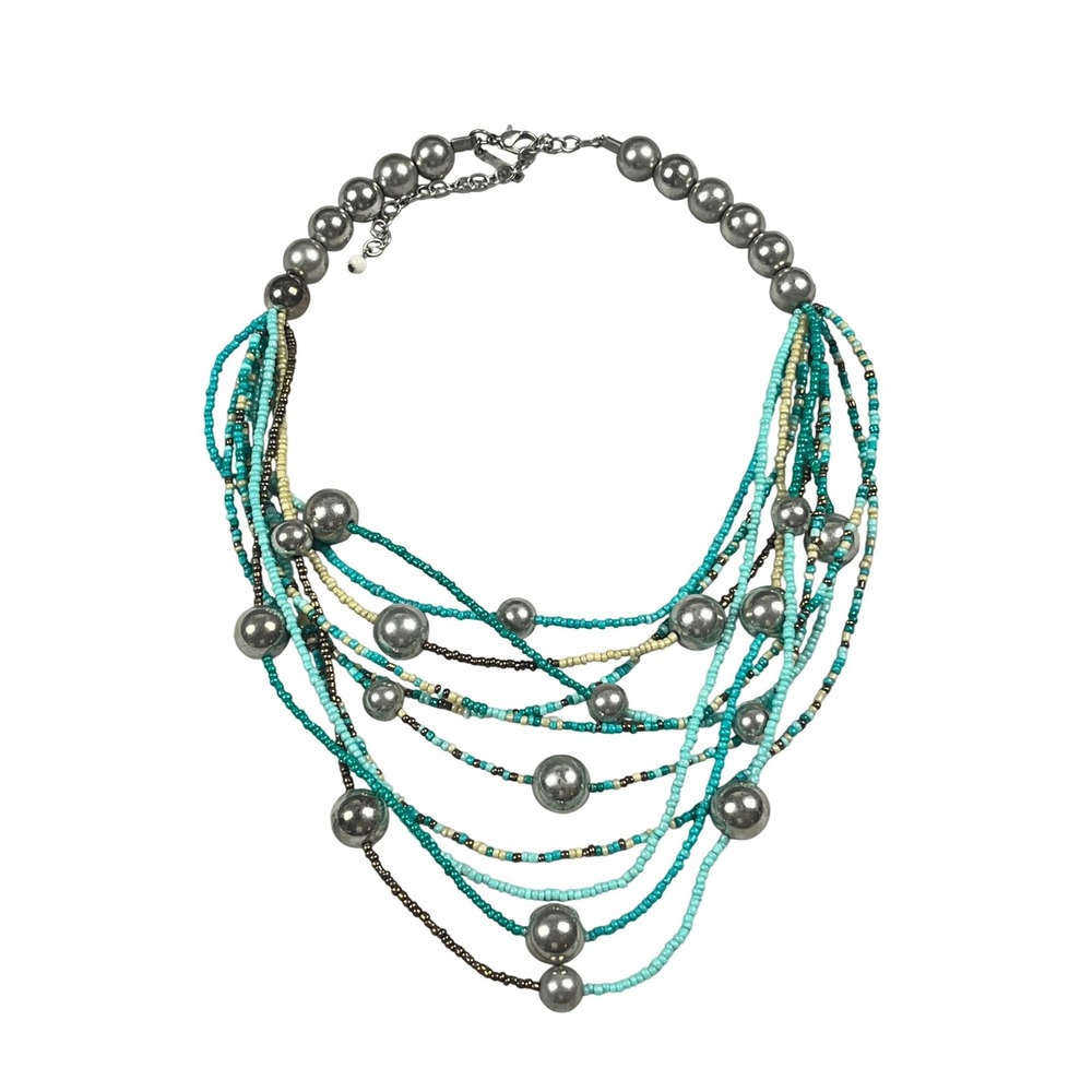 Lane Bryant Turquoise Multi Strand Seed Bead Statement Necklace Silverβ Spheres